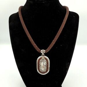 Vintage Mesh Chain Necklace Brown Cord Large‎ Pendant Silver Tone Statement